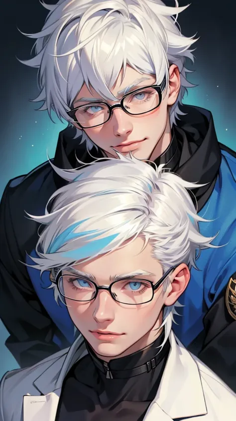 1  ,20 years old, with glasses,white hair,shorth hair,blue colored eyes,(((caucasian skin))),portraite,silly and happy