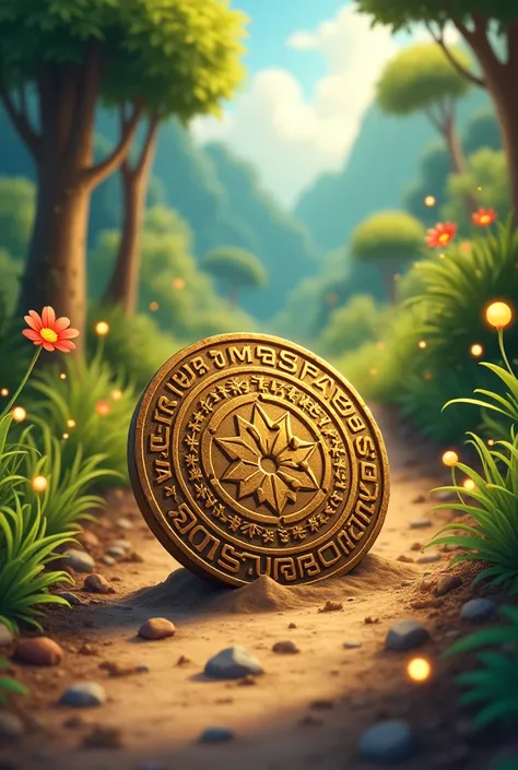 An ancient coin on a dirt road and it has many secrets both valuable and dangerous with strange inscriptions Cartoon drawing to decorate a folder 