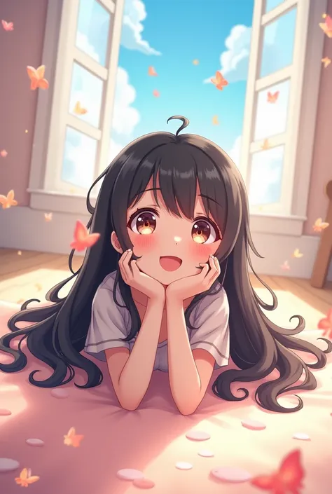 Anime little sister, fly away, lying on the floor face up without clothes. Wavy black hair, tongue out, pleasure