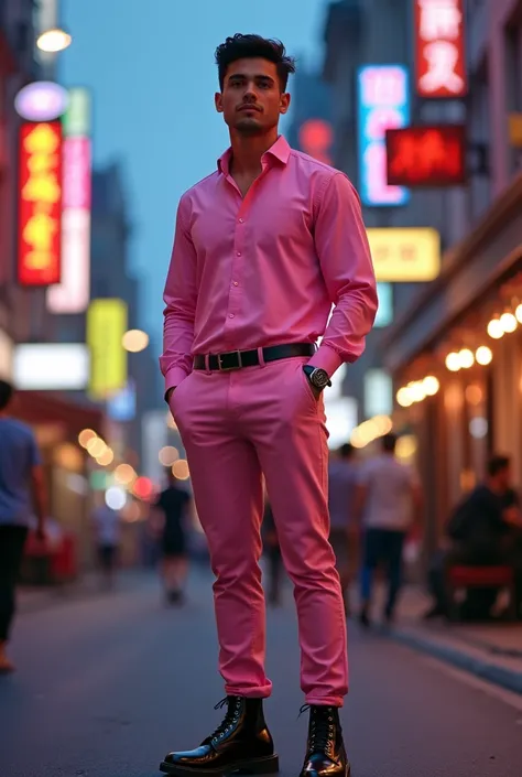 20 age boy wearing skin pant and pink shirt with black boots and black belt 
