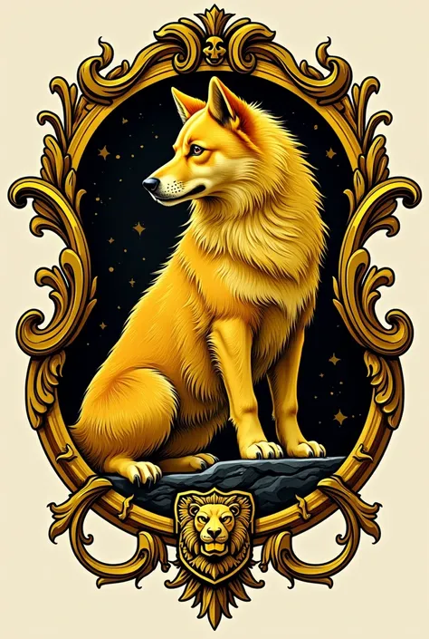 Yellow and black coat of arms with a German spitz dog in place of a lion