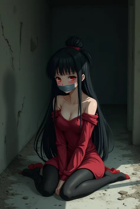 A sad kidnapped anime girl with long black hair tied in a bun at the back, bright red cheeks, a straight gray tape around her mouth, wearing a red off-shoulder red outfit, wearing black pantyhose, sitting on the floor, her arms tied together with tape, cry...