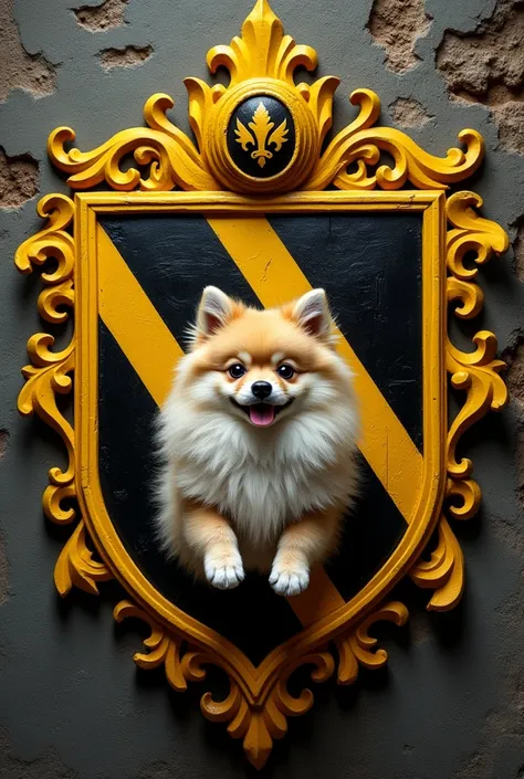 Yellow and black coat of arms with a beige German spitz dog in the middle