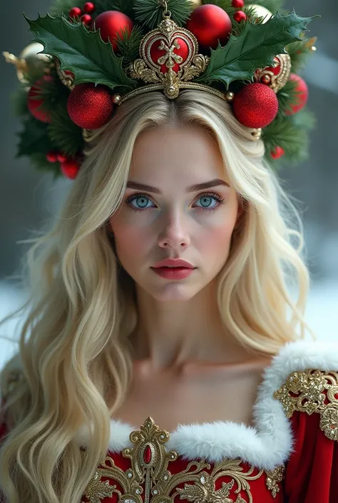 Beautiful portrait of queen, Blonde Hair, Perfect blue eyes, brilliant, impossible striking big Christmas headpiece, Clothes Santa Claus Robe, Everything Christmas, snow, symmetry, Drama Studio Lighting, Rococo, Baroque, Green vegetables, Asia, Surrealism,...