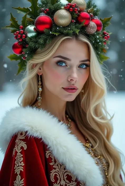 Beautiful portrait of queen, Blonde Hair, Perfect blue eyes, brilliant, impossible striking big Christmas headpiece, Clothes Santa Claus Robe, Everything Christmas, snow, symmetry, Drama Studio Lighting, Rococo, Baroque, Green vegetables, Asia, Surrealism,...