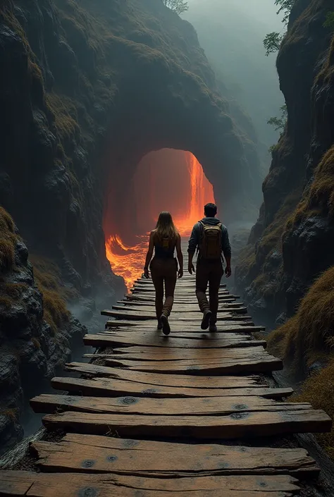 A long, dilapidated wooden bridge stretched into the air that connects to a cave and a mountain. And below the bridge a river of lava. And two scientists from behind crossing the bridge, a woman with loose, straight hair and a man. All in exploration and s...