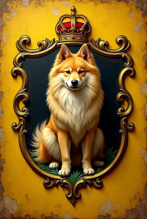 Yellow and black coat of arms with a beige German spitz dog in the middle