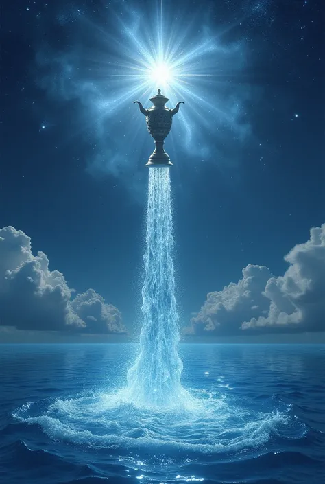 The vase of Aquarius above the sky pours its waters over the sea illuminated by a large Aquarius star