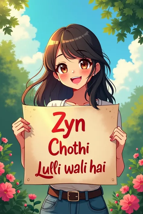 a beautiful and cute woman holding up a sign "Zyn Chothi Lulli wala hai 🙂", joyful, happy, anime illustration, photorealistic, oil painting