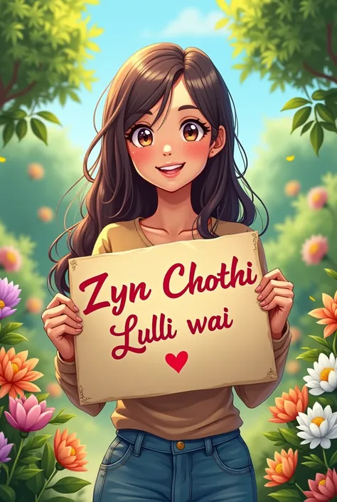 a beautiful and cute woman holding up a sign "Zyn Chothi Lulli wala hai 🙂", joyful, happy, anime illustration, photorealistic, oil painting