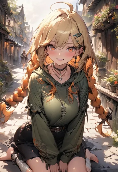 (masterpiece),(best quality),(ultra-detailed),(best illustration),(best shadow),(absurdres),(detailed background),(very aesthetic), 1girl, solo, twin-braids, braid, ankle-wrap, long-hair, blonde-hair, smile, simple-background, hair-ornament, ahoge, hood, h...