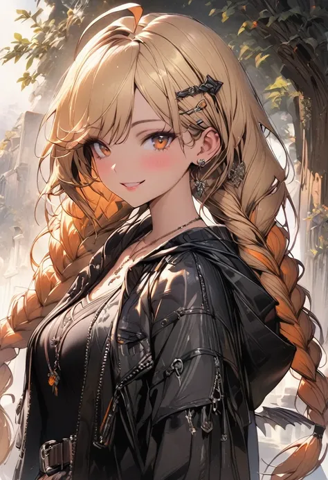 (masterpiece),(best quality),(ultra-detailed),(best illustration),(best shadow),(absurdres),(detailed background),(very aesthetic), 1girl, solo, twin-braids, braid, ankle-wrap, long-hair, blonde-hair, smile, simple-background, hair-ornament, ahoge, hood, h...