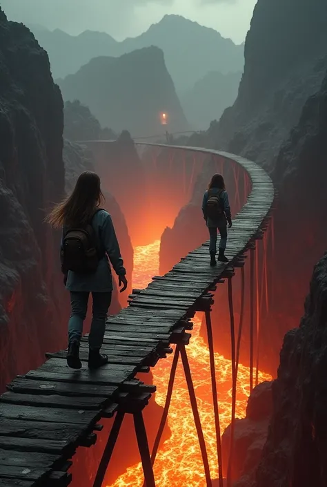 A long, dilapidated wooden bridge stretched into the air connecting to a cave and a mountain. And below the bridge a river of lava. And two scientists from behind crossing the bridge, a woman with loose, straight hair and a man. All in exploration and scie...