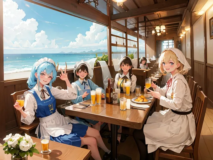 Highest quality, Very detailed, Beer , smile, cup, Lightブルーのロングヘア, Holding cup, Mug, alcohol, food, Holding,, ribbon, Beer  Mug, , apron, waitress, neck ribbon, shirt, Laughter, Happy, 明るいsmile, 
New Munich, scenery, table, Outdoor, blue sky、Chair, window,...