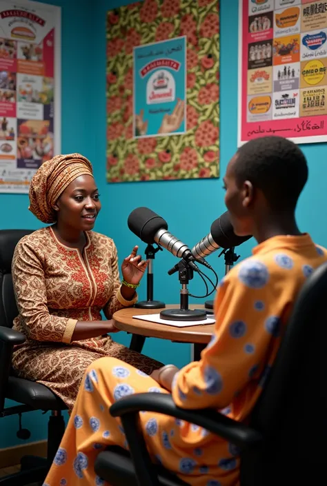 A female journalist Suwaiba Adamu Isah with hijab interviewing a young Hausa man Al-Asad Al-Amin in a radio station studio with names of the radio station Sarauniya Radio both dress in Hausa traditional cloth