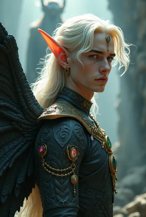 High detail male Elf with dragon wings and horns black and light white-gold, decorated with precious stones and artifacts On the elf&#39;s right ear is a red diamond, rainbow diamond, and a rhodium chain with an emerald.
On the left ear there is a meteorit...