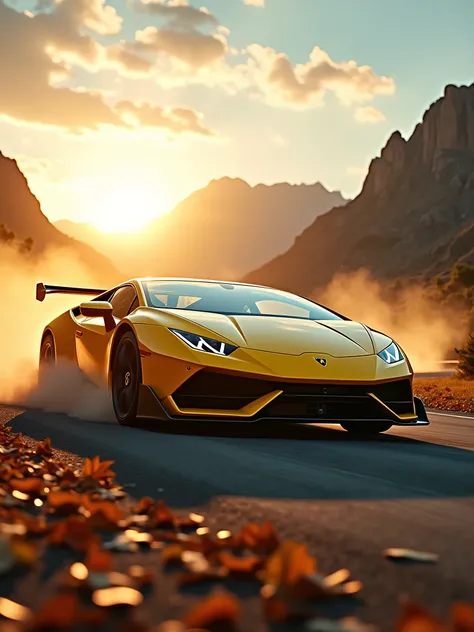 A cinematic, high-speed photograph of a yellow Lamborghini Huracan EVO sports car tearing through a race track, leaves and dust flying. The sun casts a warm, golden glow in the sky, marking the beautiful sunset hour. The mountains in the background provide...