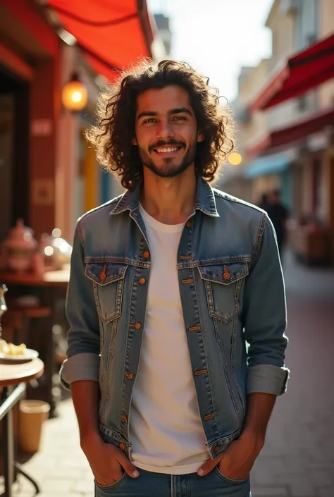 full body shot, standing outside a street or café in the middle east, cute, male model, Arab or Pakistani male, 20-25 years old long thick curly hair that is well kept and groomed, hair is curly not below the ears in length, but is longer on the top, short...