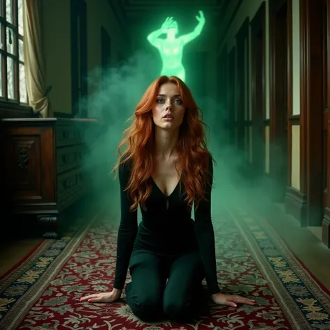 A gorgeous woman with vibrant auburn hair kneels on a richly patterned rug in a grand, dark and dimly lit hallway of an old mansion. Her wide, green eyes reflect the shock of seeing ghostly, green apparitions floating around her. The hallway is lined with ...