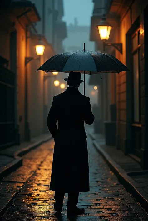 man in black coat holding an umbrella