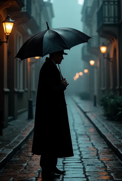 man in black coat holding an umbrella