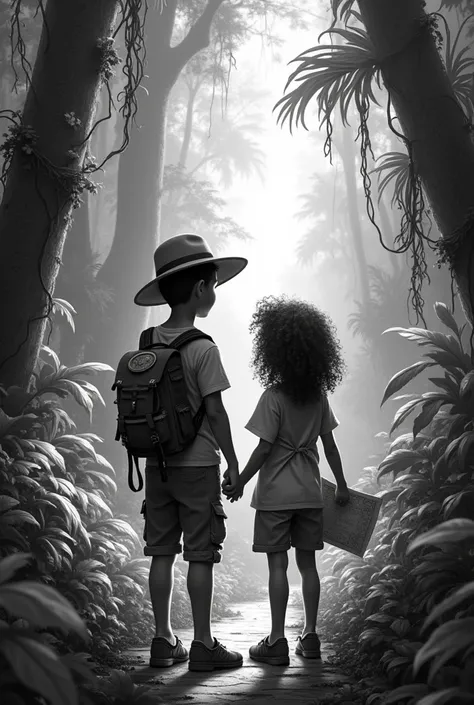 Make the cover of a comic to paint about adventures in the jungle with two Bolivian explorer children, the same but to paint and only a boy and a girl in black and white 
