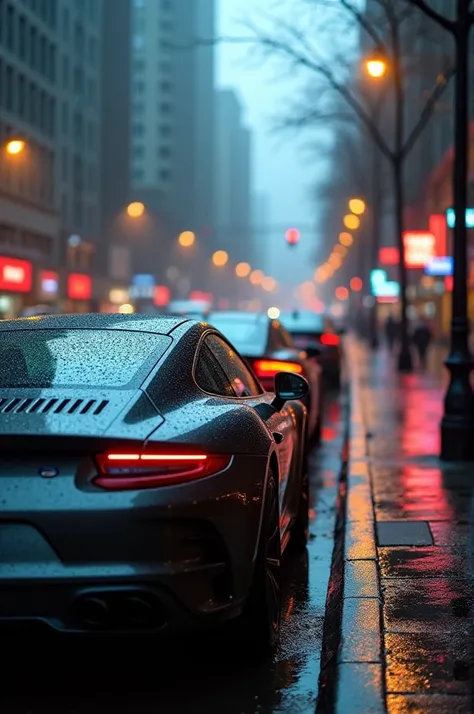 Rain falling on cars and a background that makes you thoughtful and reflective
