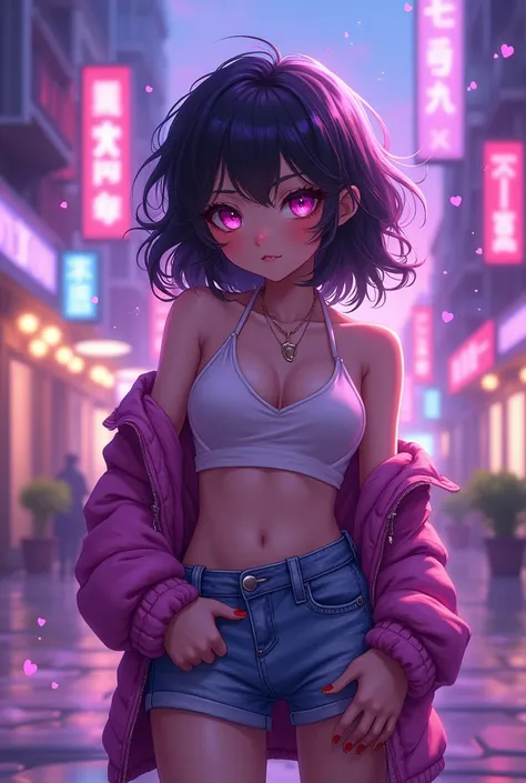 cute anime character girl, messy wavy hair, heart-shaped pupils, wearing loose baggy hip-hop fashion, attractive and seductive face, make-up, superlative body proportion, background purple neon streets, notes effects, star effects, heart effects, glitter e...