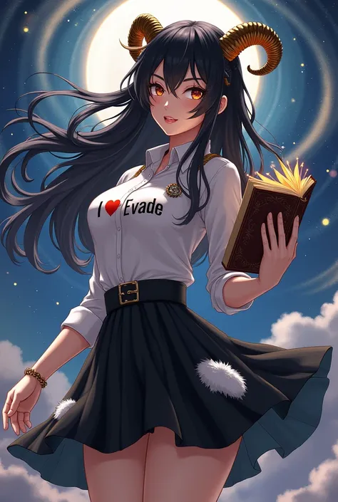 Female character has dark black hair, a book in the head, golden horns, una camisa de i❤evade, a black short and white fur
