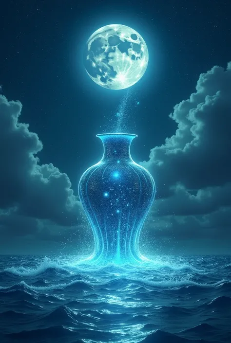 The vase of Aquarius above the sky pours its waters over the sea illuminated by a large Aquarius star