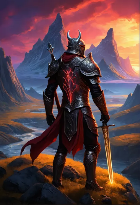 *an imposing hero on top of a mountain*, (northern lights), (luminous armor), (heavenly lights), holding a sword of light, (old book), (mystical power),  ao redor, (Nephilims), (demons), (dark creatures), (grimdark), (field of battle), (weathered rocks), (...