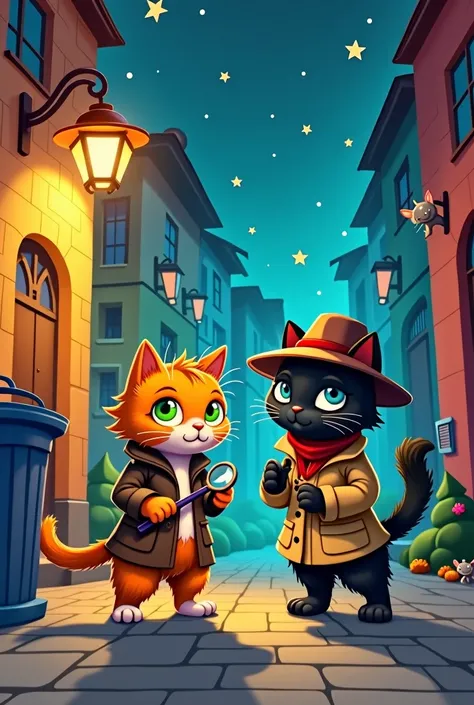 Various images of two detective cats for childrens story