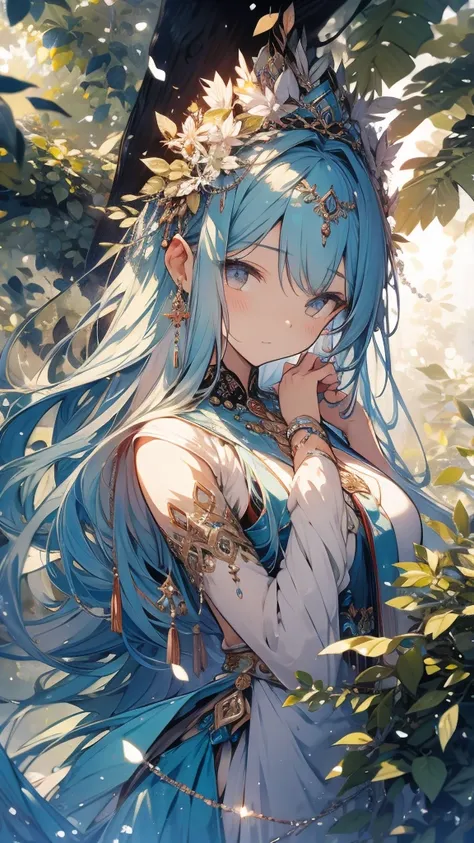 mala tree,beauty,gentle,Benevolent World Tree Goddess Gaia,Clearly defined,Fairy ears,Brown long flowing hair,Big breasts,thin waist,Wearing a leafy puffy skirt,leaning on a branch,