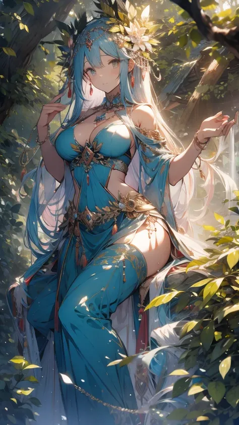 mala tree,beauty,gentle,Benevolent World Tree Goddess Gaia,Clearly defined,Fairy ears,Brown long flowing hair,Big breasts,thin waist,Wearing a leafy puffy skirt,leaning on a branch,