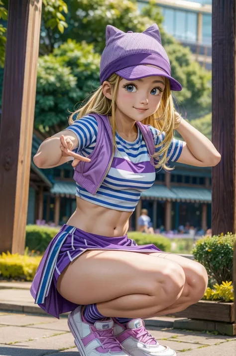 orimoto izumi, purple hat, purple vest, purple skirt, blue white striped shirt, tummy, hair blonde, ssmile, breasts small, pose,...