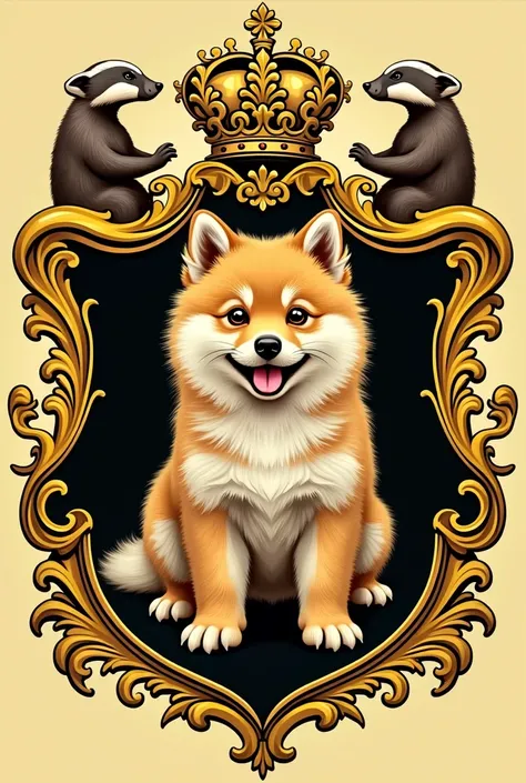 Yellow and black coat of arms with beige German Spitz puppy in the middle and small badger in detail