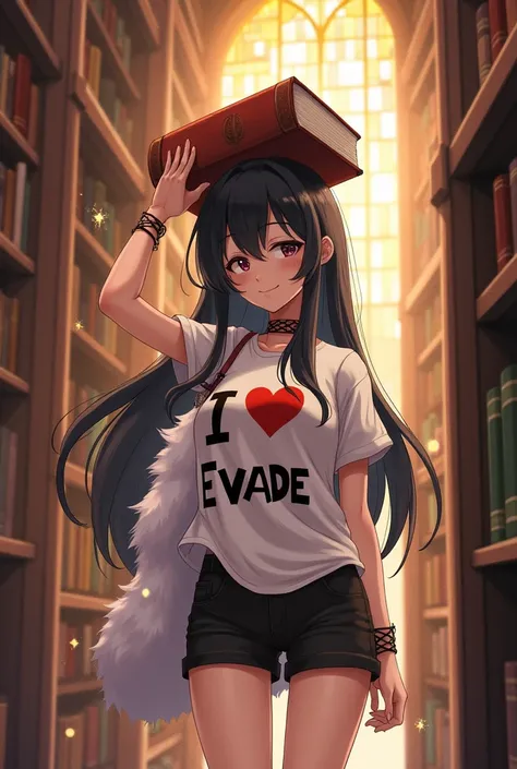 Female character has dark black hair, a book in the head, , una camisa de i❤evade, a black short and white fur. 