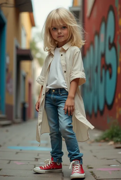 a boy with a very feminine face, blond, wearing a long shirt, jeans and all stars