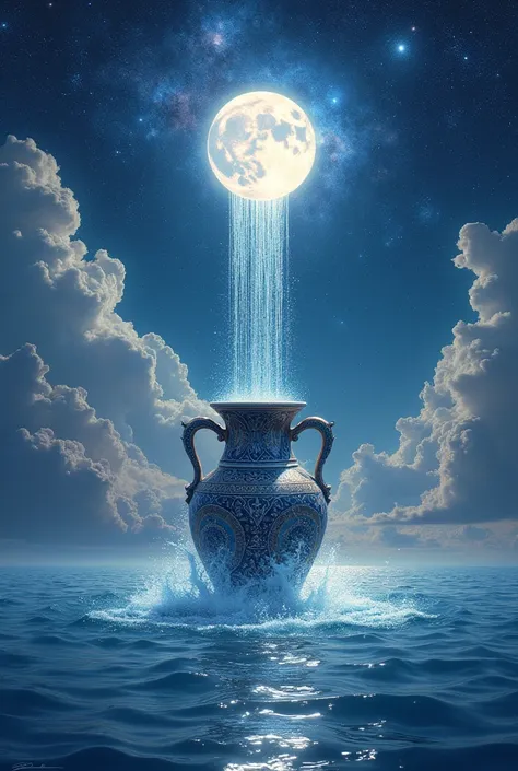 The vase of Aquarius above the sky pours its waters over the sea illuminated by a large Aquarius star