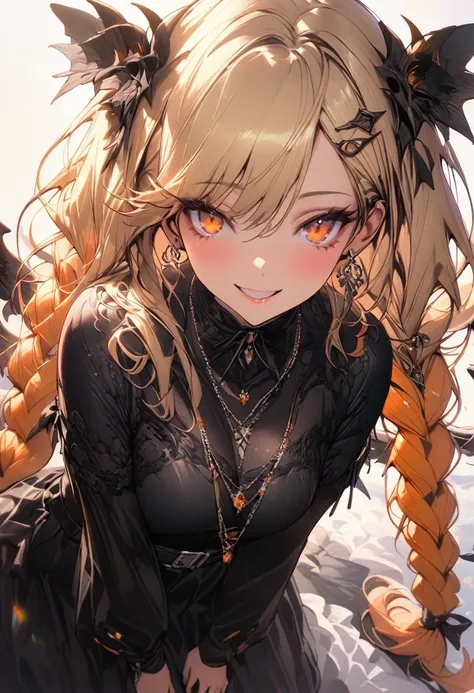 (masterpiece),(best quality),(ultra-detailed),(best illustration),(best shadow),(absurdres),(detailed background),(very aesthetic), 1girl, solo, twin-braids, braid, ankle-wrap, long-hair, blonde-hair, smile, simple-background, hair-ornament, ahoge, hood, h...