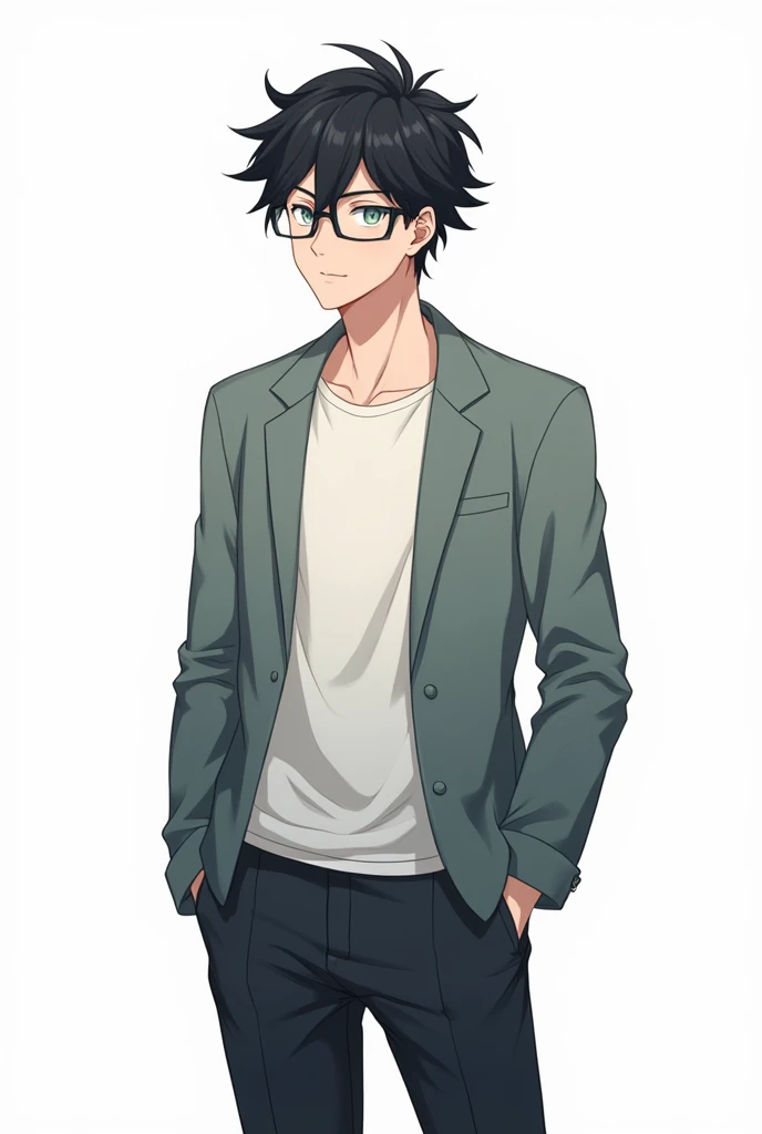 white background. Male anime character with square glasses