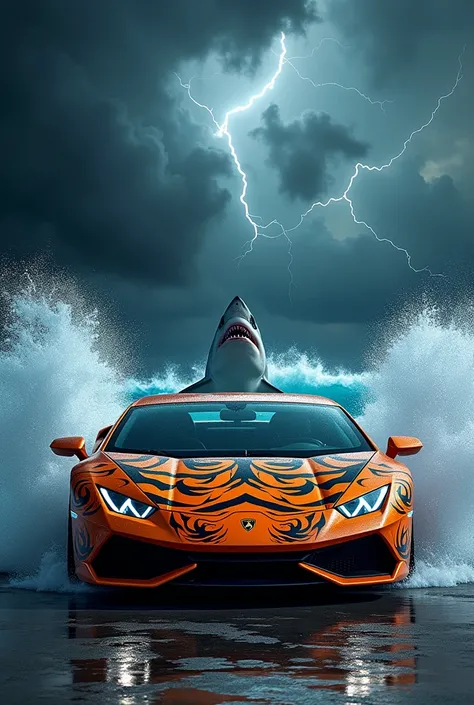  Lamborghini with tiger stickers In an ocean background with a shark and a lightning sky 