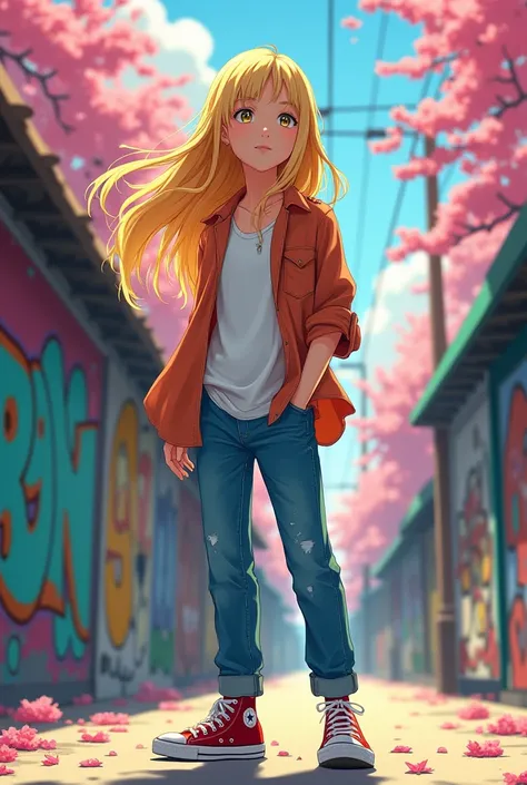 a boy with a very feminine face, blond, wearing a long shirt, jeans and all stars, 90s anime style 