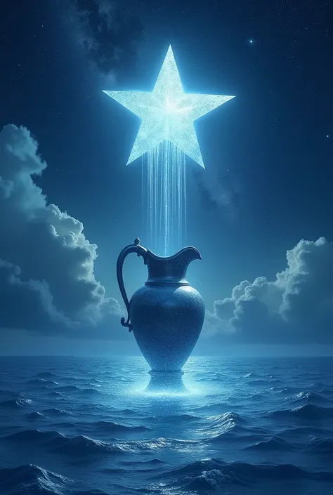 The vase of Aquarius above the sky pours its waters over the sea illuminated by a large Aquarius star