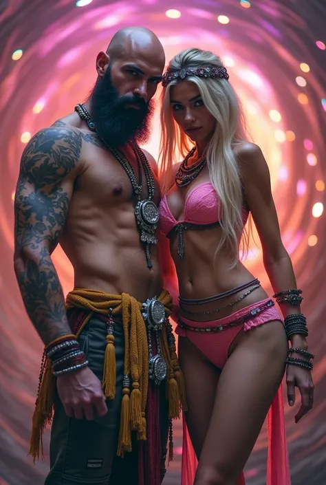 Sacred rebels, an extremely attractive couple. Dark bearded handsome bald shaman man with muscular upper body bare. Blonde fairie-like bimbo girl, dressed in flirtatious pink skimpy underwear, perky big breasts, plenty of cleavage, hourglass body. Lots of ...