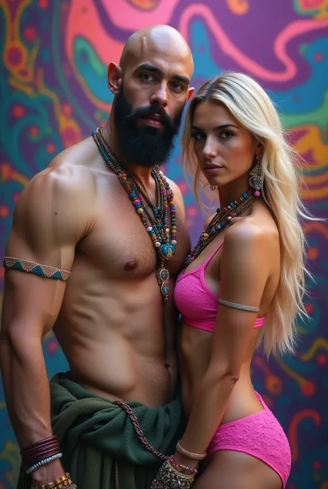 Sacred rebels, an extremely attractive couple. Dark bearded handsome bald shaman man with muscular upper body bare. Blonde fairie-like bimbo girl, dressed in flirtatious pink skimpy underwear, perky big breasts, plenty of cleavage, hourglass body. Lots of ...