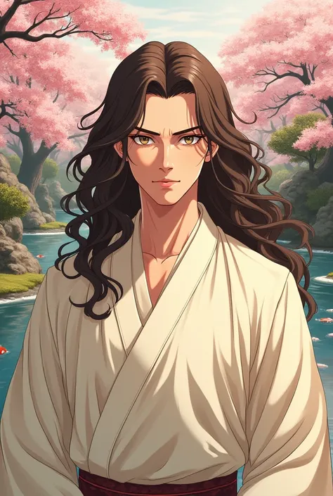 2d man, long brown wavy hair, hazel eyes, cream japanese clothing, serious face