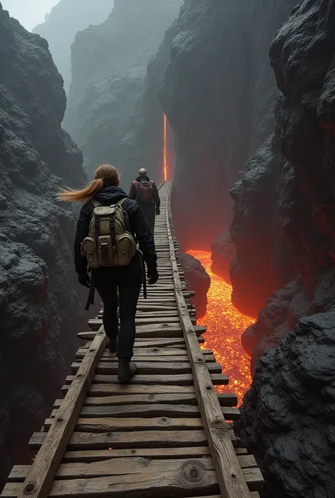 A long, dilapidated wooden bridge stretched into the air connecting to a cave and a mountain. And below the bridge a river of lava. And two scientists from behind crossing the bridge, a woman with loose, straight hair and a man. All in exploration and scie...