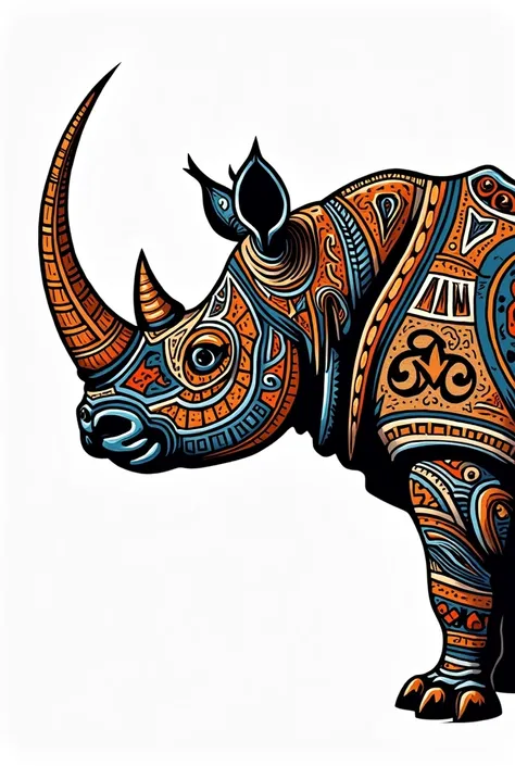 Side view head of a rhino in tribal style with white background