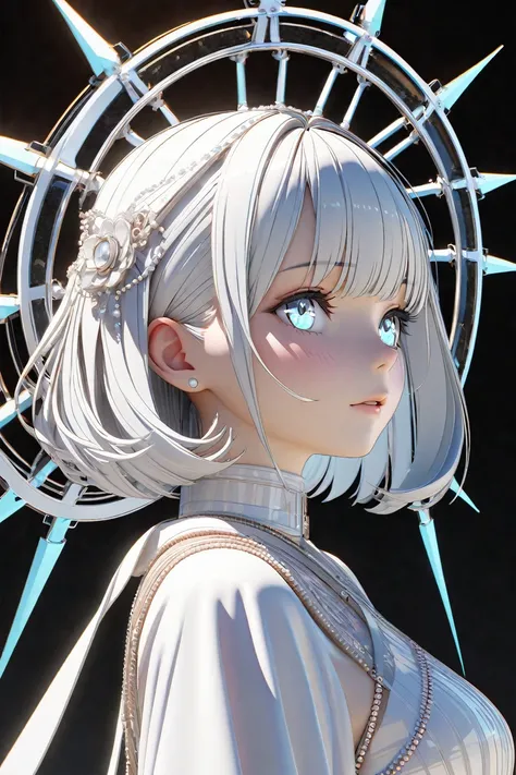 Highest quality,A perfect masterpiece,Perfect artwork,Official Works,8k,, (Upper body portrait:1.3),((View from the side:1.5)),Close-up lens,Delicate face,, ,White Haired Girl,(hakuhatsu:1.5),Short and medium hair,((White, clear eyes:1.5)),(White Dress:1.2...